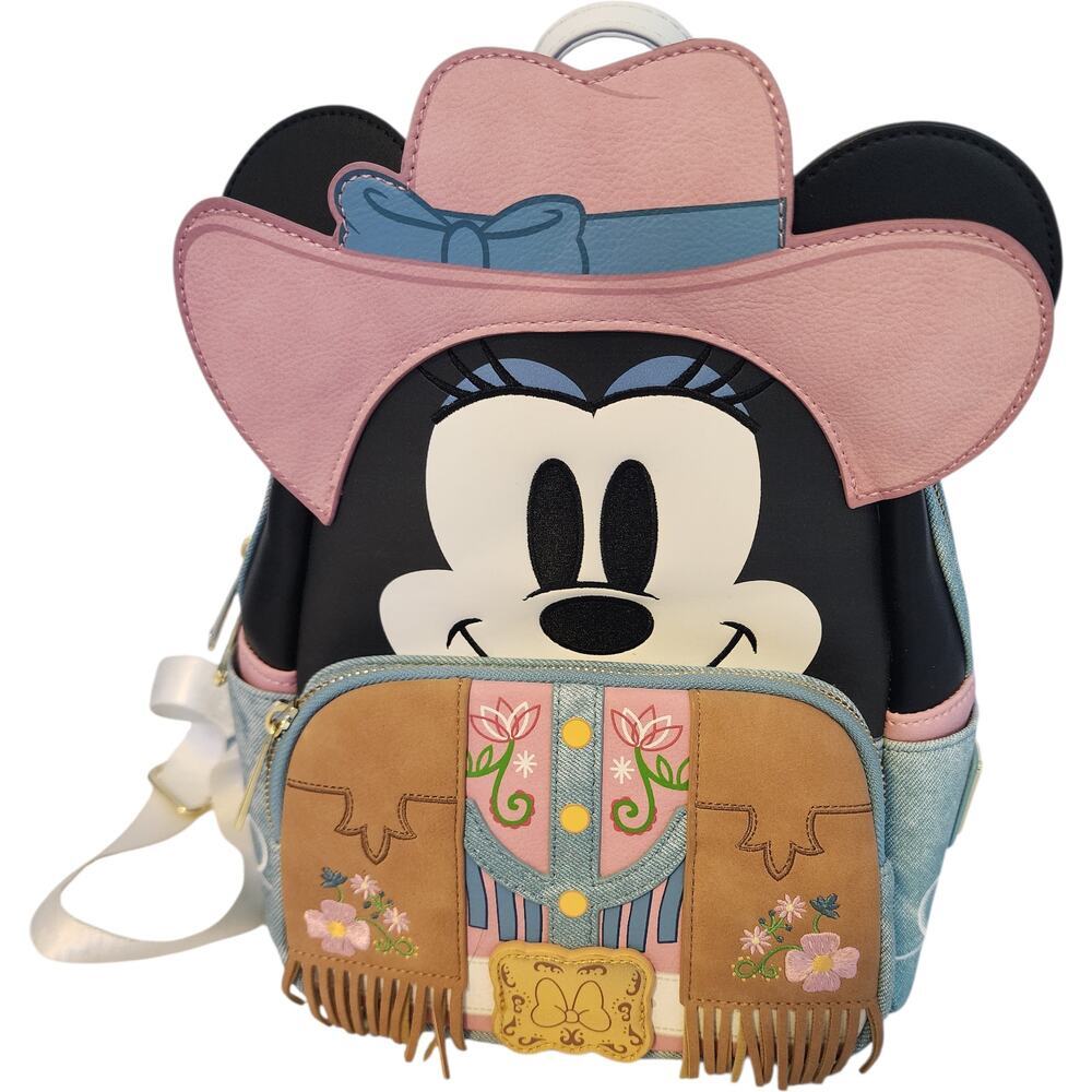 Disney Loungefly Minnie Mouse Cowgirl Backpack Denim Fringe Pink Western